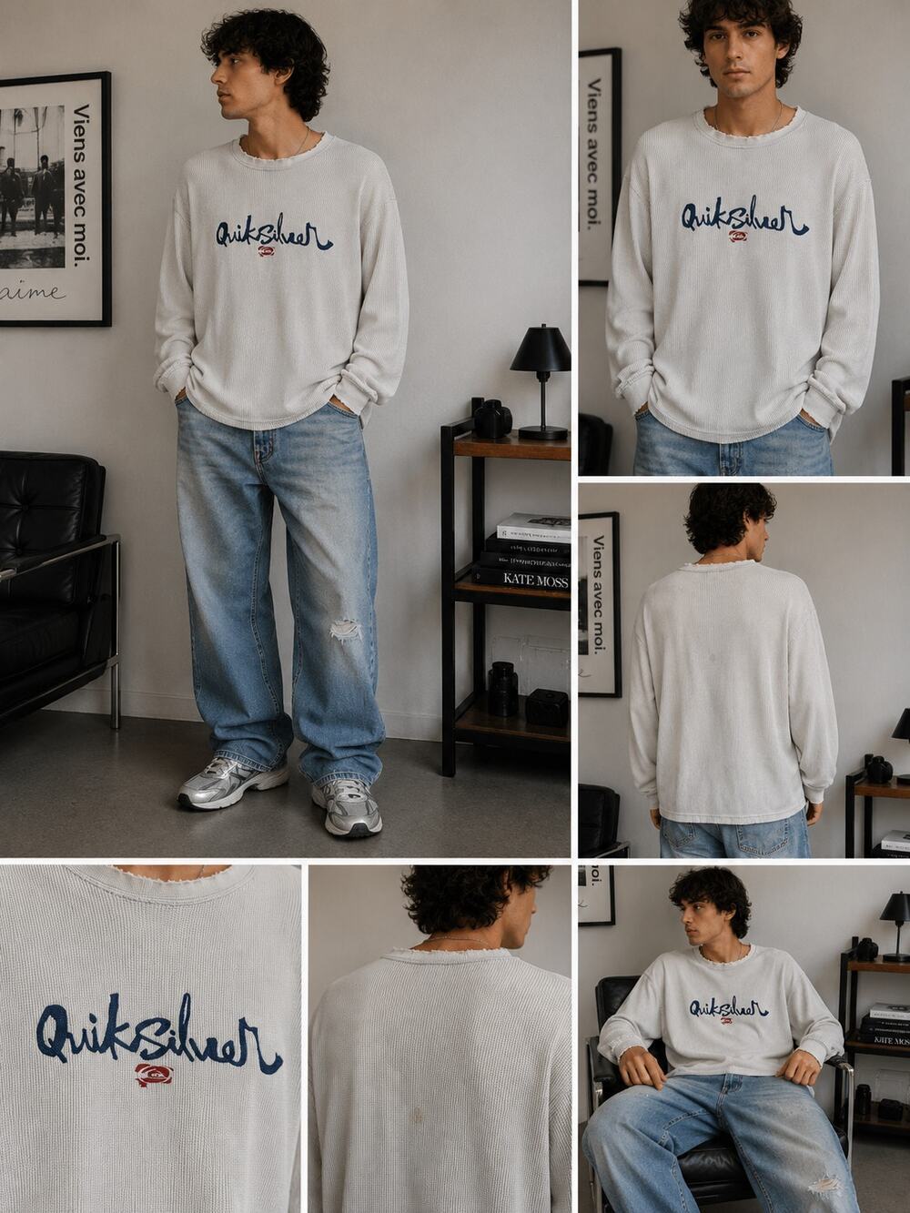 Vintage Quiksilver Thermal Waffle Knit Shirt Distressed Surf Grunge Y2K Large